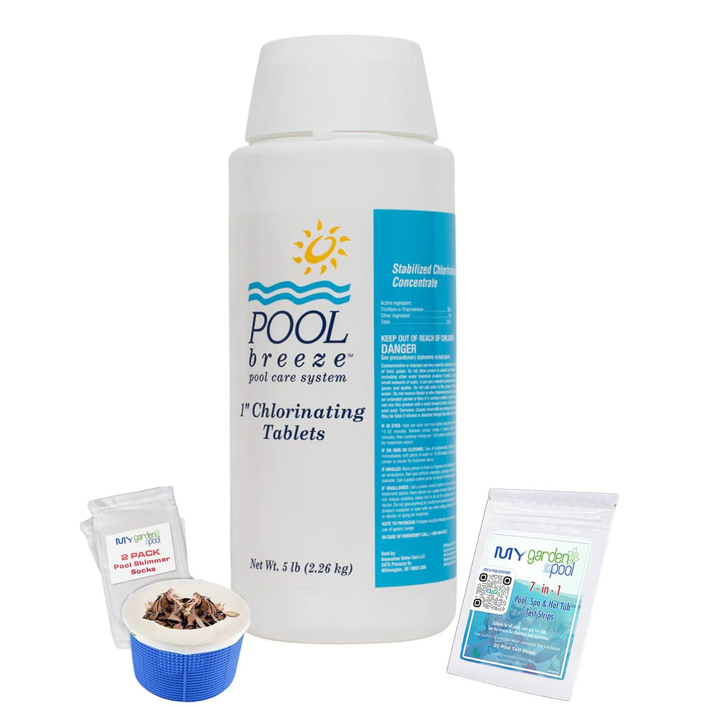 Pool Breeze 1" Chlorinating Tablets 88419 – 5 lb – Long Lasting Pool Chlorine – with My Garden Pool 7 in 1 Test Strips & Scum Socks