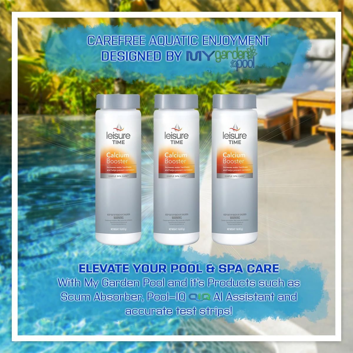 Leisure Time Calcium Booster 3 LB (1 LB x 3 pc) with My Garden Pool 20 Ct. Test Strips & Scum Sponge Flower Oil-Absorbing Sponge for Hot Tubs and Pools - IQ, Smart Pool AI Assistant! (3)
