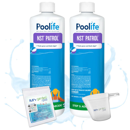 Poolife NST Patrol – Fast-Acting Algaecide with 50% Quat for Green & Black Algae Control – Low-Dosing Weekly Formula – Includes 7-in-1 Test Strips, Measuring Cup & Pool-IQ AI Assistant 2 Pack