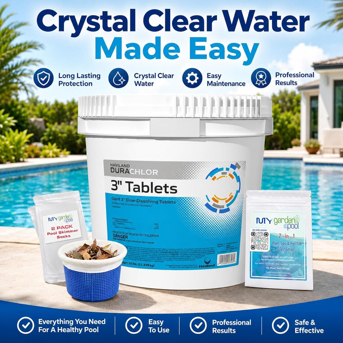 Haviland Durachlor 3 Inch Tabs 25 lb with My Garden Pool Scum Socks, Test Strip & Pool-IQ AI Assistant