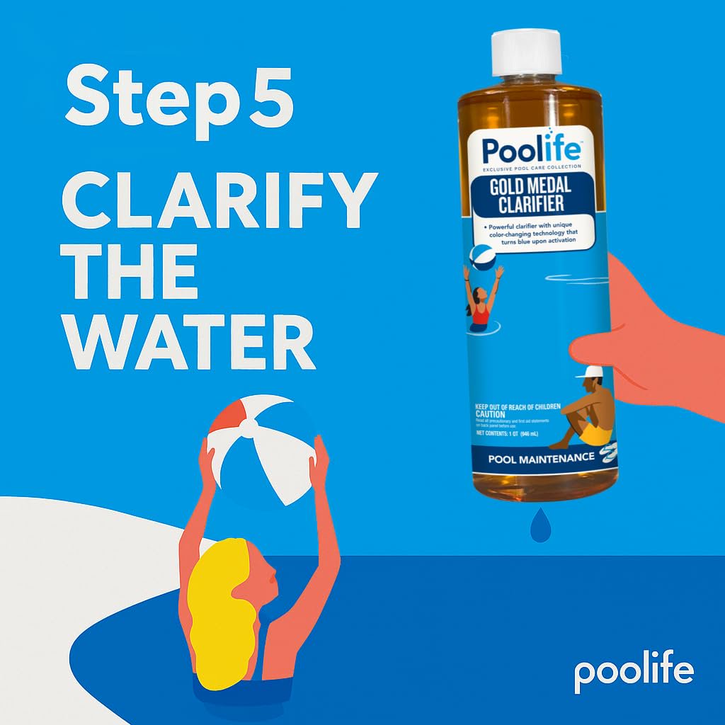 Poolife Basic Start-Up Pool Bundle – 1 lb TurboShock, Clarifier, AlgaeKill II, Stain Preventer – with My Garden Pool Skimmer Socks, Scum Sponge & 7-in-1 Pool Test Strips (20 ct)