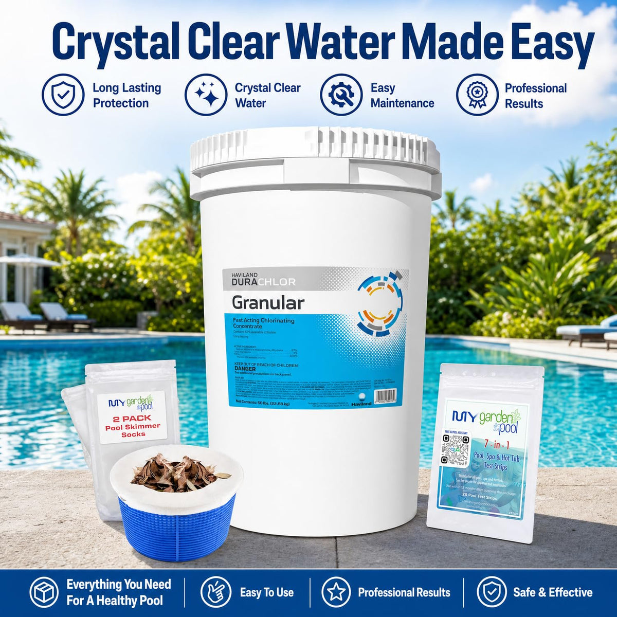 Haviland Durachlor Granular 50 lb with My Garden Pool Scum Socks, Test Strip & Pool-IQ AI Assistant