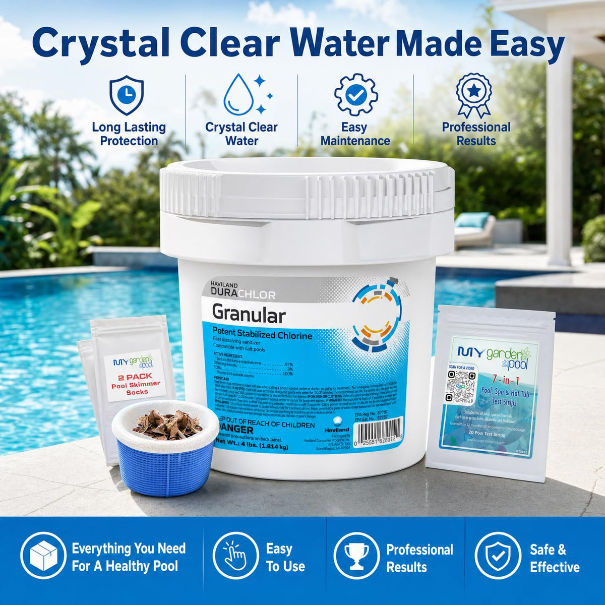 Haviland Durachlor Granular 4 lb with My Garden Pool Scum Socks, Test Strip & Pool-IQ AI Assistant