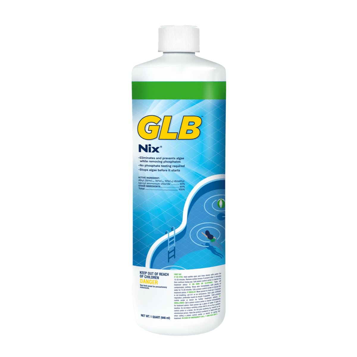 GLB NIX Algaecide 32 FL OZ 71221 with My Garden Pool 7 in 1 Test Strips and Measuring Cup, 2 Pack