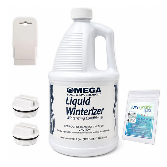 Omega Liquid Winterizer 1 Gallon Pool & Spa Winterizing Conditioner with My Garden Pool 2 Filter Drain Plugs, Seat Removal Tool, 7-in-1 Test Strips & Pool-IQ