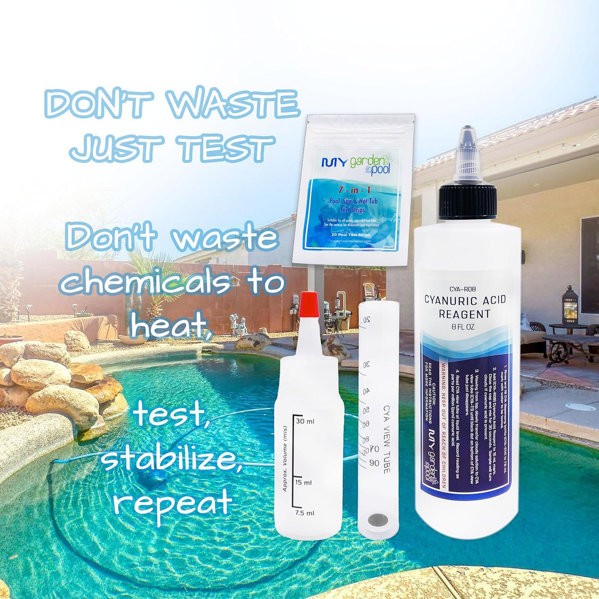 Cyanuric Acid Test Kit - Accurate Testing, 8 oz Reagent, with Test Tube and Mixing Bottle, Maximize Pool Water Efficiency with My Garden Pool 7 in 1 Water Test Strips