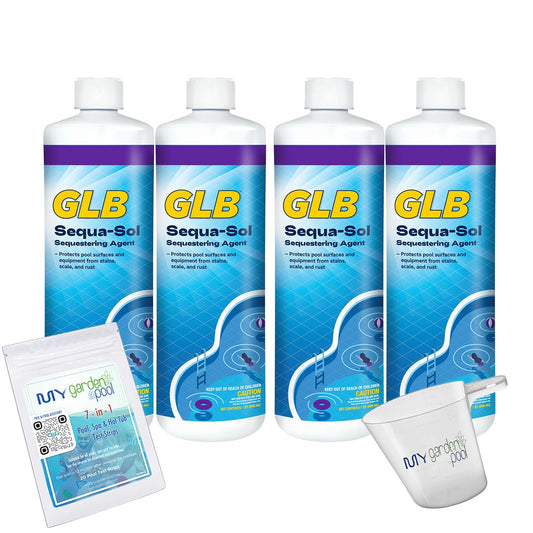 GLB Sequa-Sol 32 FL OZ (71016A) Pool Metal Control Solution with My Garden Pool Measuring Cup & 7-in-1 Test Kit, 4-Pack