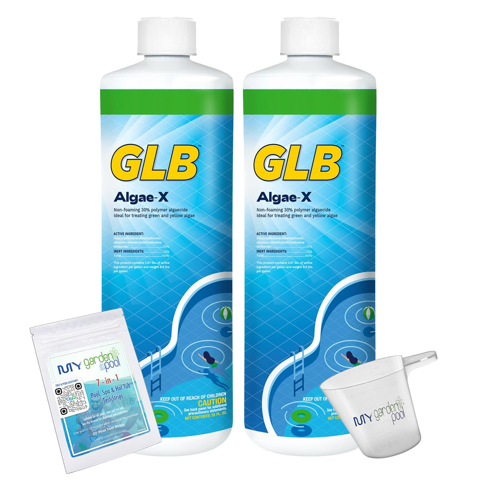 GLB Algae-X Algaecide 32 FL OZ 71100A with My Garden Pool 7 in 1 Test Strips, Measuring Cup and POOL-IQ AI Pool Assistant Access, 2 Pack