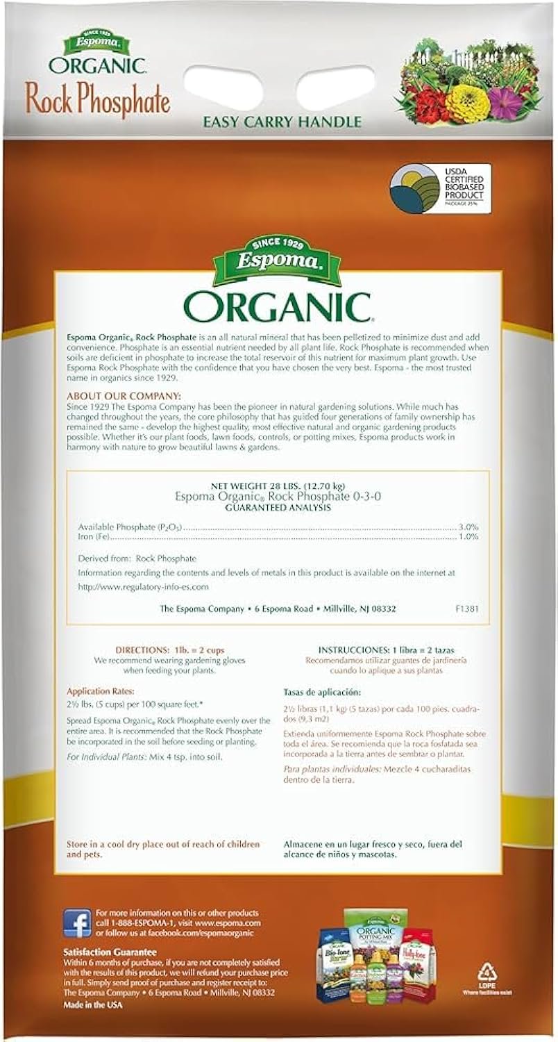 Espoma Rock Phosphate – 28 lb Organic Plant Fertilizer for Outdoor Flower Or Vegetable Gardens with My Garden Pool PH Soil Test Strips 20 ct, and Gardening Claw Gloves
