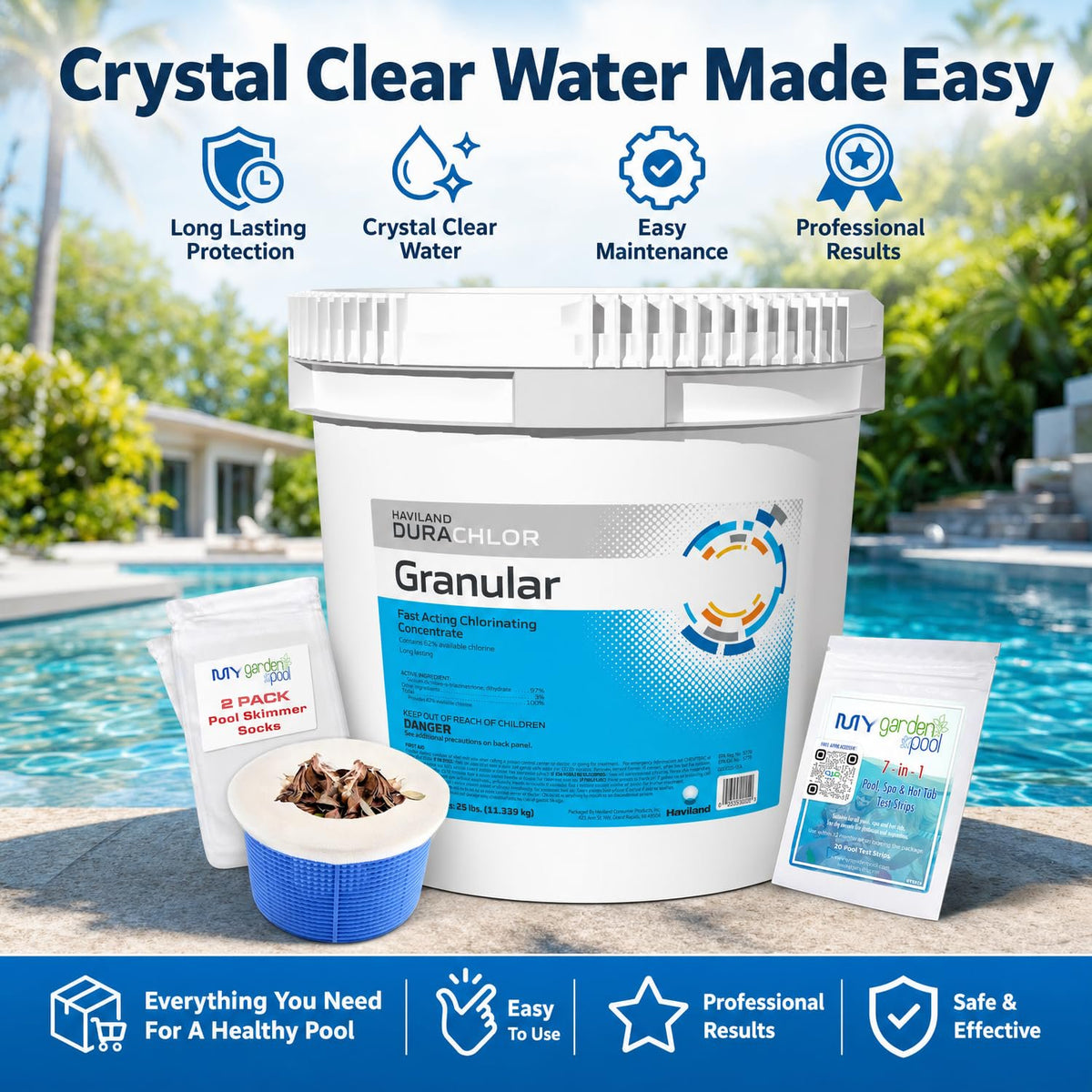 Haviland Durachlor Granular 25 lb with My Garden Pool Scum Socks, Test Strip & Pool-IQ AI Assistant