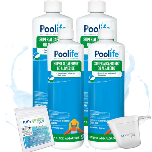 Poolife Super AlgaeBomb 60 – Non-Foaming Liquid Algaecide for Pools, Spas & Winterizing – 60% Polyquat Formula – Includes 7-in-1 Test Strips, Measuring Cup & Pool-IQ AI Assistant 4 Pack