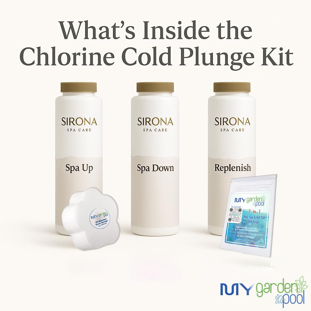 Sirona Chlorine Cold Plunge Kit – Spa Up, Spa Down, Replenish (Balancers & Oxidizer) – with My Garden Pool Scum Sponge & 7-in-1 Pool & Spa Test Strips (20 ct) – Water Balance for Cold Plunge Tubs