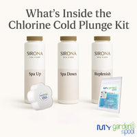 Sirona Chlorine Cold Plunge Kit – Spa Up, Spa Down, Replenish (Balancers & Oxidizer) – with My Garden Pool Scum Sponge & 7-in-1 Pool & Spa Test Strips (20 ct) – Water Balance for Cold Plunge Tubs