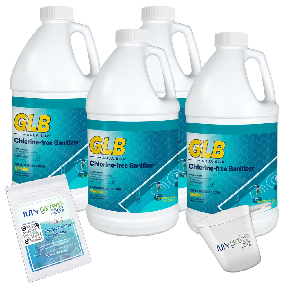 GLB Aqua Silk Sanitizer 64 Fl Oz 4 Pack (71269) with My Garden Pool 7-in-1 Test Strips 20 ct and Measuring Cup