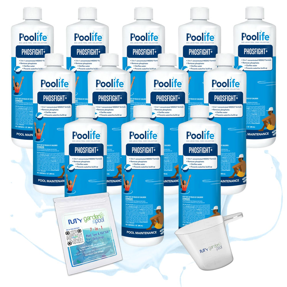Poolife PhosFIGHT Plus – Phosphate Remover for Clear Water – Prevents Algae & Boosts Filter Efficiency – Includes My Garden Pool Scum Socks, 7-in-1 Test Strips & Pool-IQ AI Assistant 12 Pack
