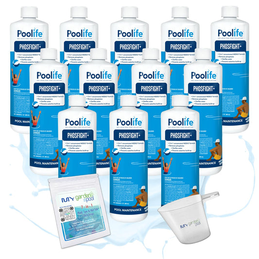 Poolife PhosFIGHT Plus – Phosphate Remover for Clear Water – Prevents Algae & Boosts Filter Efficiency – Includes My Garden Pool Scum Socks, 7-in-1 Test Strips & Pool-IQ AI Assistant 12 Pack