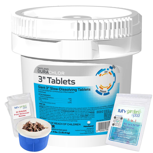 Haviland Durachlor 3 Inch Tabs 4 lb with My Garden Pool Scum Socks, Test Strip & Pool-IQ AI Assistant
