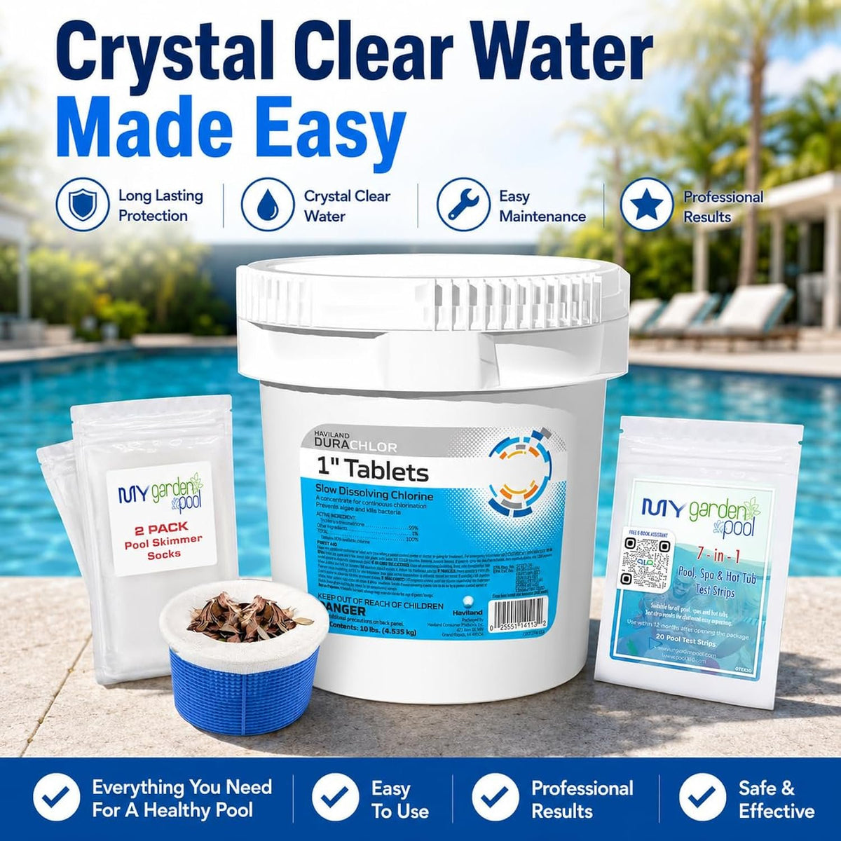 Haviland Durachlor 1 Inch Tablets 10 lb with My Garden Pool Scum Socks, Test Strip & Pool-IQ AI Assistant