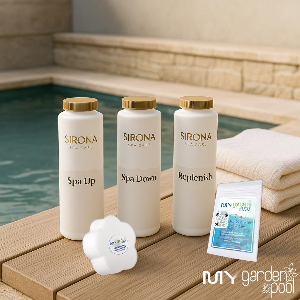 Sirona Chlorine Cold Plunge Kit – Spa Up, Spa Down, Replenish (Balancers & Oxidizer) – with My Garden Pool Scum Sponge & 7-in-1 Pool & Spa Test Strips (20 ct) – Water Balance for Cold Plunge Tubs