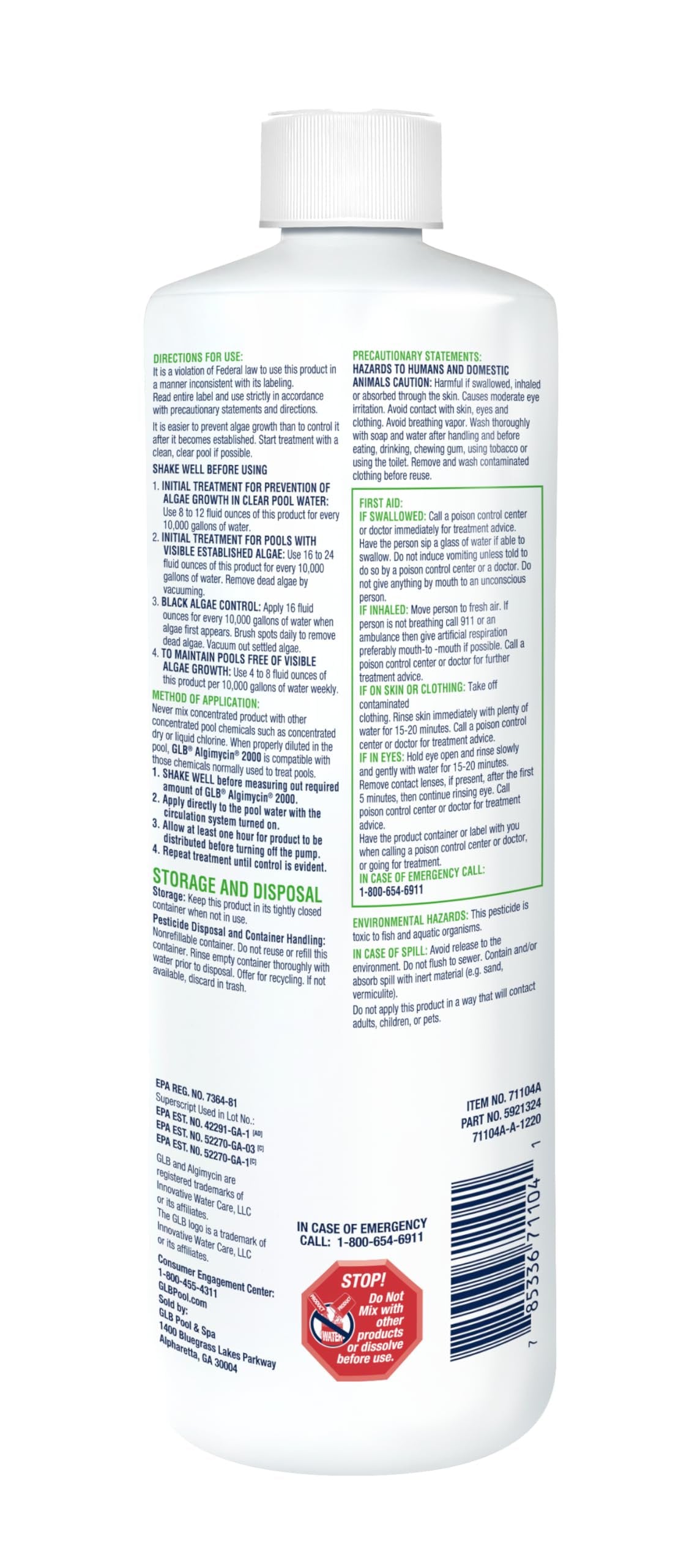 GLB Algimycin 2000 Algaecide 32 FL OZ 71104A with My Garden Pool 7 in 1 Test Strips, Measuring Cup and POOL-IQ, 2 Pack