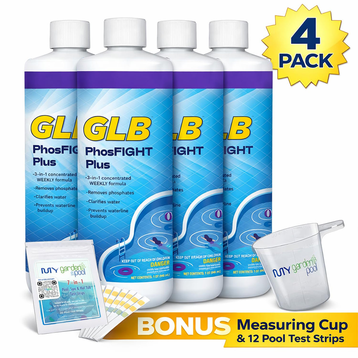 GLB PhosFIGHT Plus 32 FL OZ (71271) Phosphate Reduction Formula with My Garden Pool Measuring Cup & 7-in-1 Test Strips, 4-Pack