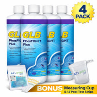 GLB PhosFIGHT Plus 32 FL OZ (71271) Phosphate Reduction Formula with My Garden Pool Measuring Cup & 7-in-1 Test Strips, 4-Pack