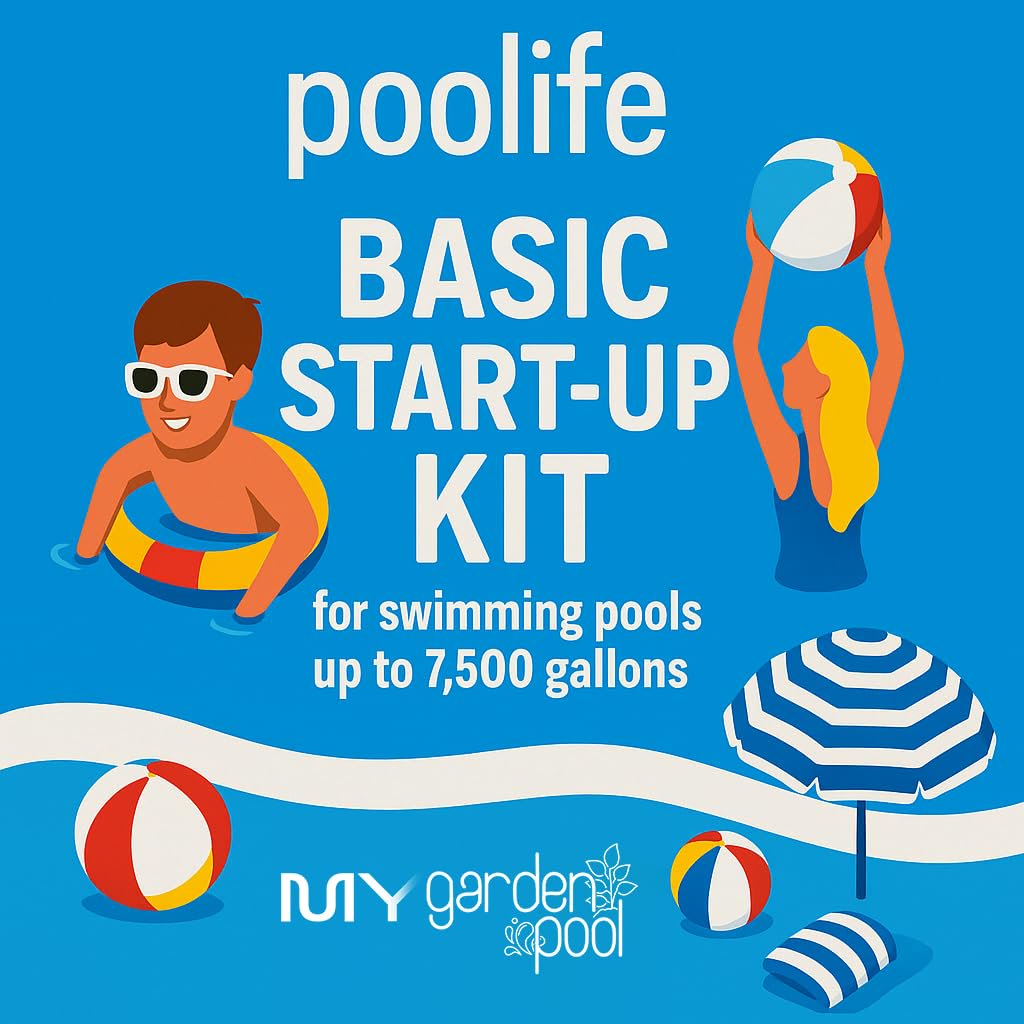 Poolife Basic Start-Up Pool Bundle – 1 lb TurboShock, Clarifier, AlgaeKill II, Stain Preventer – with My Garden Pool Skimmer Socks, Scum Sponge & 7-in-1 Pool Test Strips (20 ct)