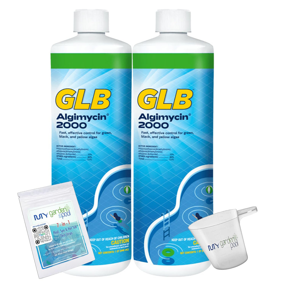 GLB Algimycin 2000 Algaecide 32 FL OZ 71104A with My Garden Pool 7 in 1 Test Strips, Measuring Cup and POOL-IQ, 2 Pack