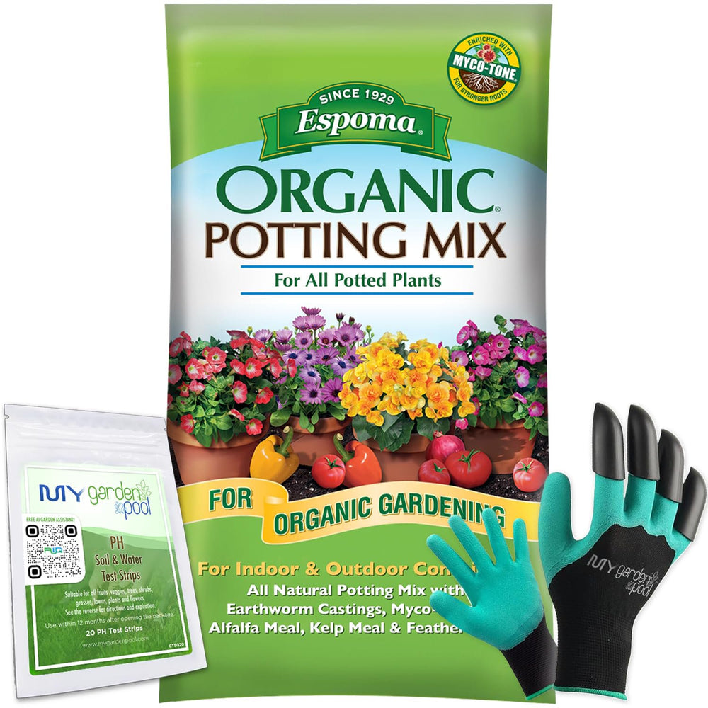 Espoma Organic Potting Mix 16 QT for Indoor & Outdoor Container Plants with My Garden Pool PH Soil Test Strips 20 Ct, Gardening Claw Gloves & Garden-IQ AI Assistant