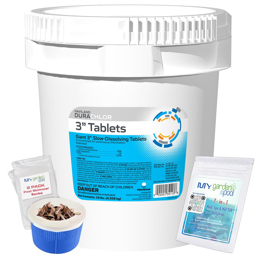Haviland Durachlor 3 Inch Tabs 10 lb with My Garden Pool Scum Socks, Test Strip & Pool-IQ AI Assistant