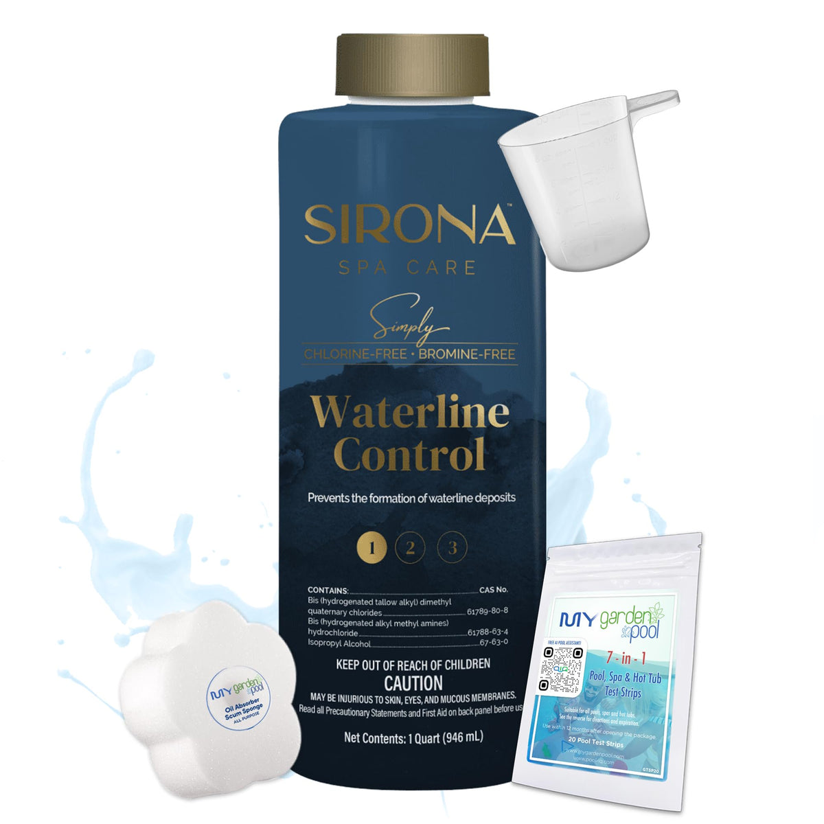My Garden Pool Sirona 82106 Simply Waterline Control 32 oz 7-in-1 Test Strips, Oil Absorb Sponge & 8 oz. Measuring Cup