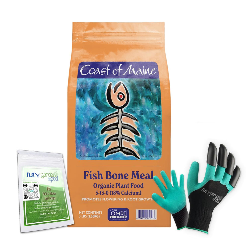 Coast of Maine FM6000 Fish Bone Meal Plant Food 3 LB – Organic Phosphorus-Rich Fertilizer for Root & Bloom Growth with My Garden Pool Soil Test Strips & Claw Gardening Gloves