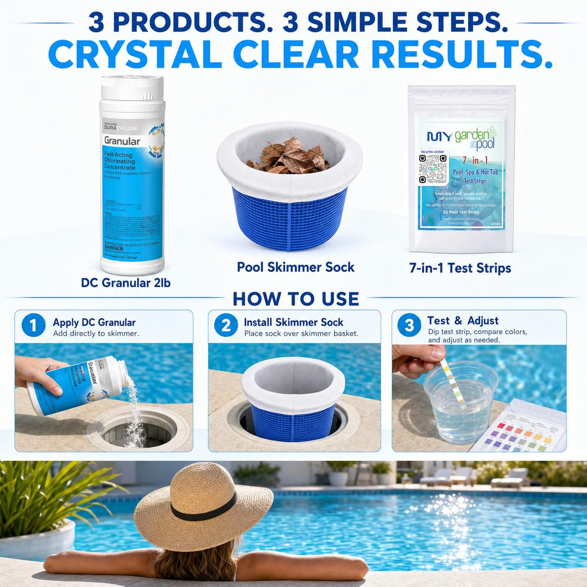 Haviland Durachlor Granular 2 lb with My Garden Pool Scum Socks, Test Strip & Pool-IQ AI Assistant