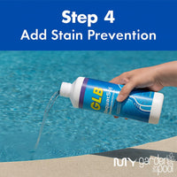 GLB Basic Start-Up Pool Bundle – 1 lb Supersonic Shock, Super Blue Clarifier, Sequa-Sol, Algimycin 2000 – with My Garden Pool Skimmer Socks, Scum Sponge & 7-in-1 Pool Test Strips