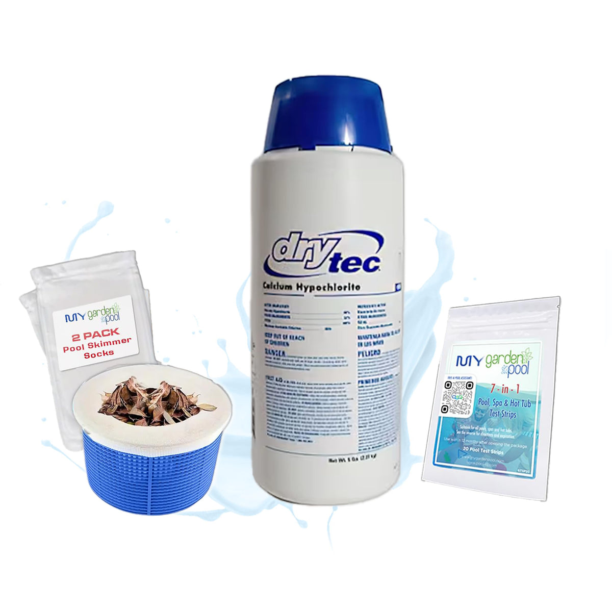 Drytec 5 lb Calcium Hypochlorite Pool Shock – Fast-Dissolving Chlorine Granules for Swimming Pools – Includes 2 Scum Socks & 7-in-1 Test Strips – My Garden Pool