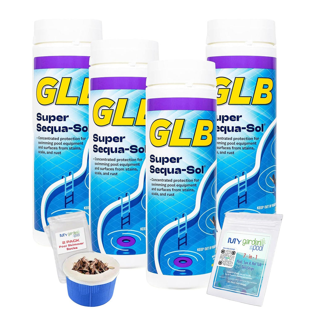 GLB Super Sequa-Sol 2 LB (71024A) Granular Stain Control Formula with My Garden Pool Skimmer Socks & 7-in-1 Test Kit, 4-Pack