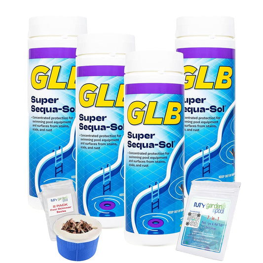 GLB Super Sequa-Sol 2 LB (71024A) Granular Stain Control Formula with My Garden Pool Skimmer Socks & 7-in-1 Test Kit, 4-Pack