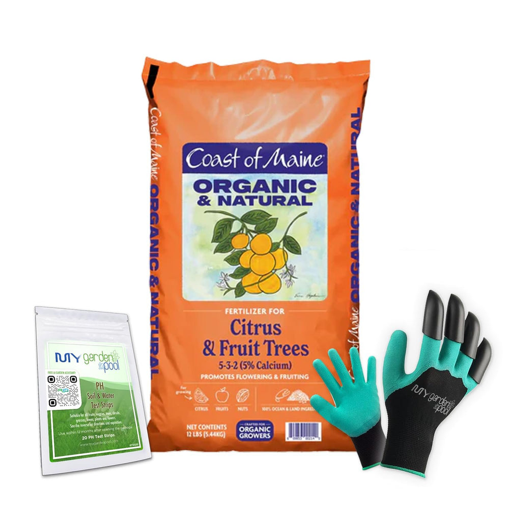 Coast of Maine CT6501 Citrus & Fruit Tree Plant Food 12 LB – Organic Granular Fertilizer for Fruit Trees with My Garden Pool Soil Test Strips & Gardening Claw Gloves