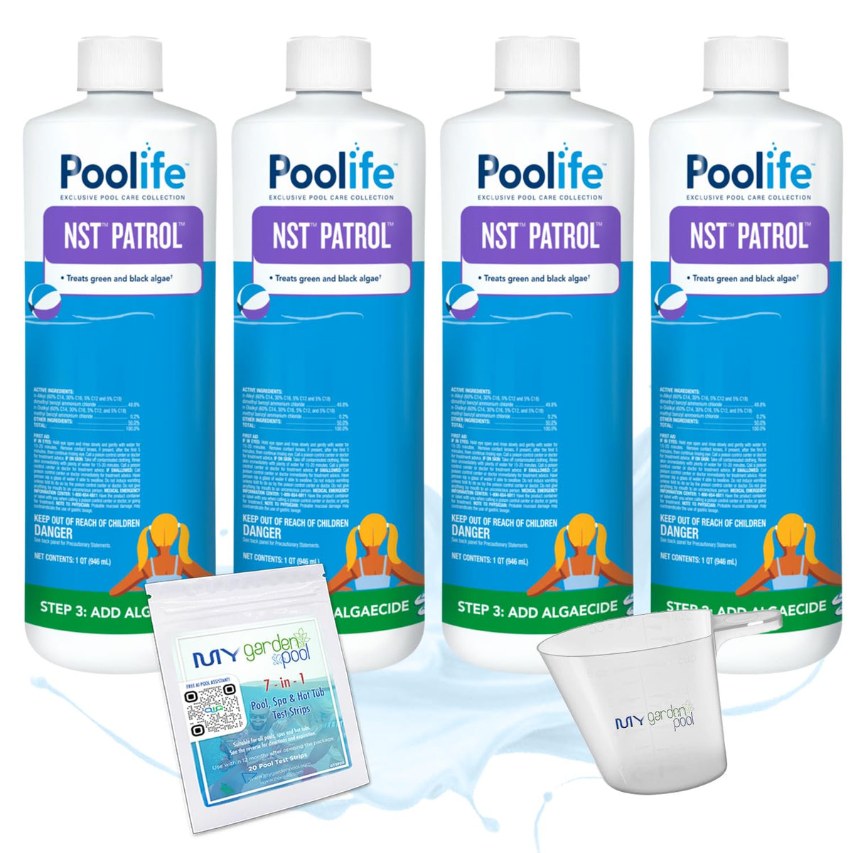 Poolife NST Patrol – Fast-Acting Algaecide with 50% Quat for Green & Black Algae Control – Low-Dosing Weekly Formula – Includes 7-in-1 Test Strips, Measuring Cup & Pool-IQ AI Assistant 4 Pack