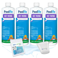 Poolife NST Patrol – Fast-Acting Algaecide with 50% Quat for Green & Black Algae Control – Low-Dosing Weekly Formula – Includes 7-in-1 Test Strips, Measuring Cup & Pool-IQ AI Assistant 4 Pack