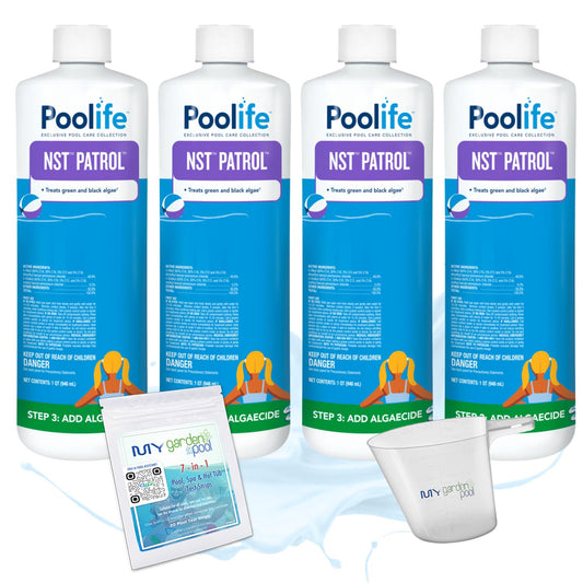 Poolife NST Patrol – Fast-Acting Algaecide with 50% Quat for Green & Black Algae Control – Low-Dosing Weekly Formula – Includes 7-in-1 Test Strips, Measuring Cup & Pool-IQ AI Assistant 4 Pack