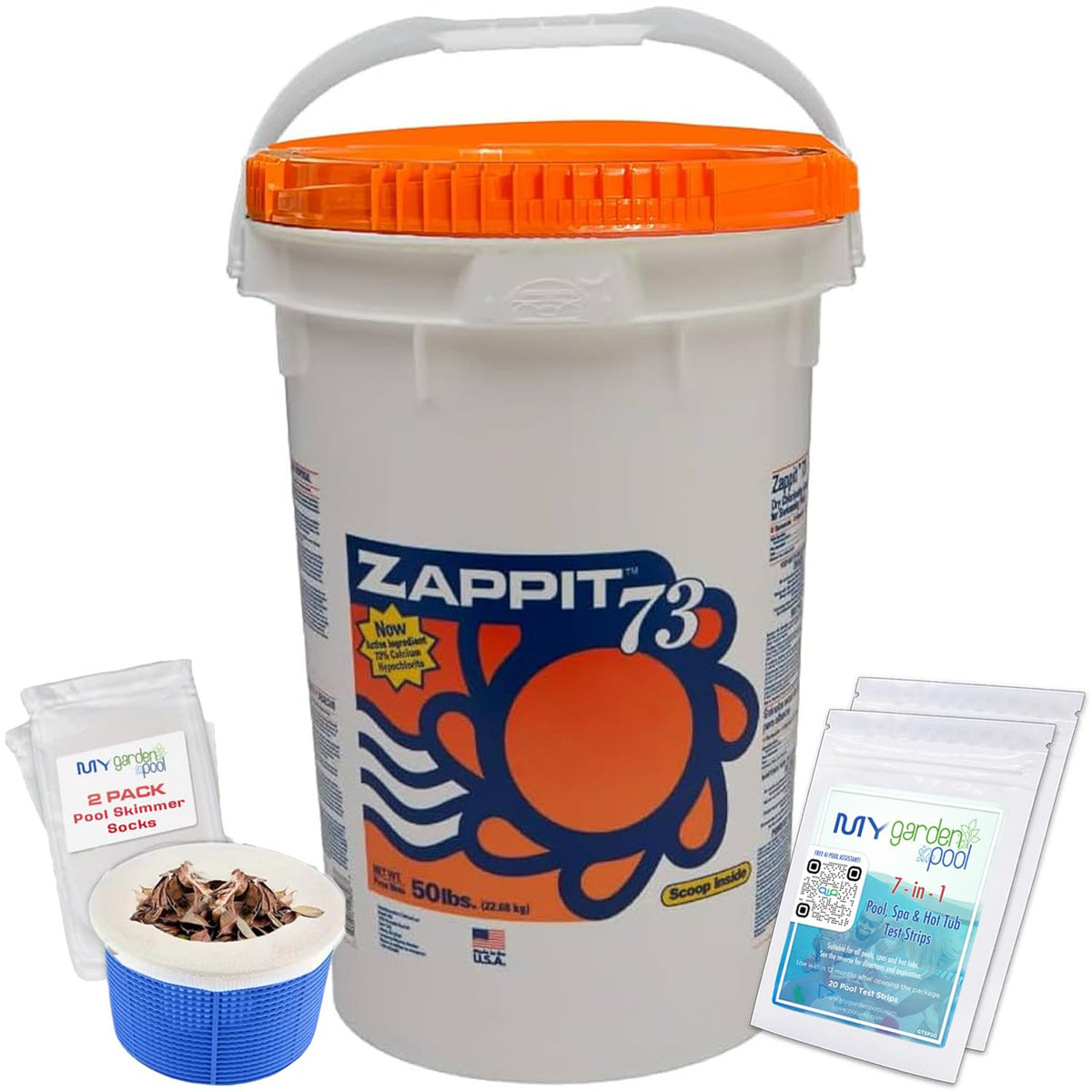 Zappit 73% Cal-Hypo Dry Chlorinating Granules 50 LB Bucket – Bactericide, Algaecide, and Fast Dissolving Shock with My Garden Pool Skimmer Socks and 7-in-1 Test Strips. – Powerful Chlorine Shock