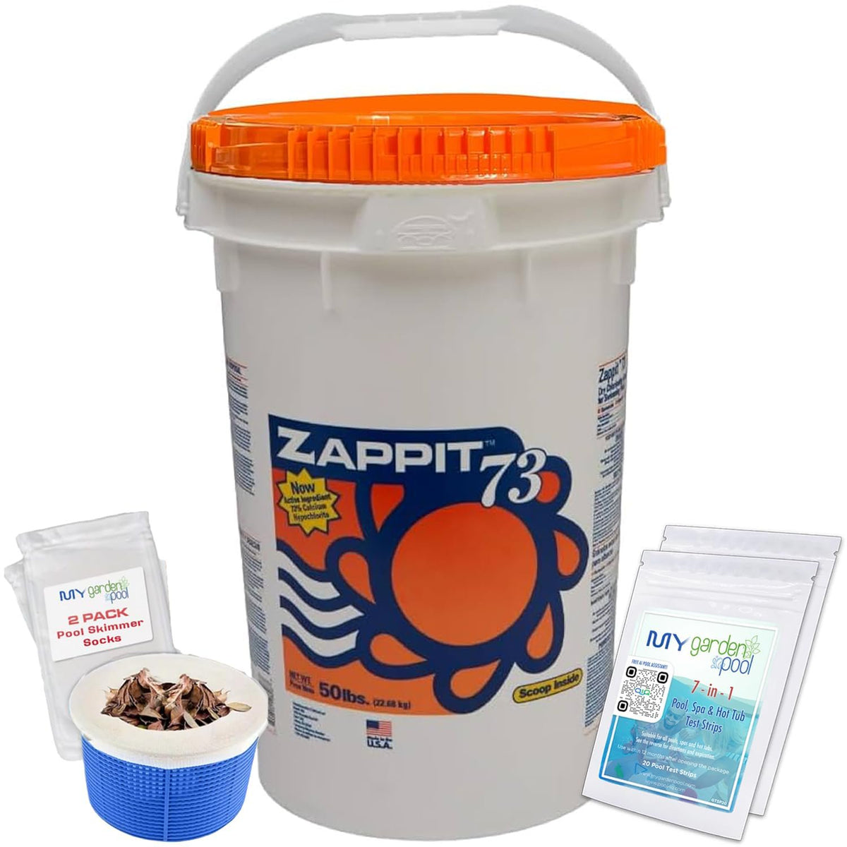 73% Cal-Hypo Dry Chlorinating Granules 50 LB Bucket – Bactericide, Algaecide, and Fast Dissolving Shock with My Garden Pool Skimmer Socks and 7-in-1 Test Strips. – Powerful Chlorine Shock