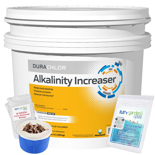 Haviland Durachlor Alkalinity Increaser 25 lb Bucket with My Garden Pool Scum Socks, Test Strip & Pool-IQ AI Assistant