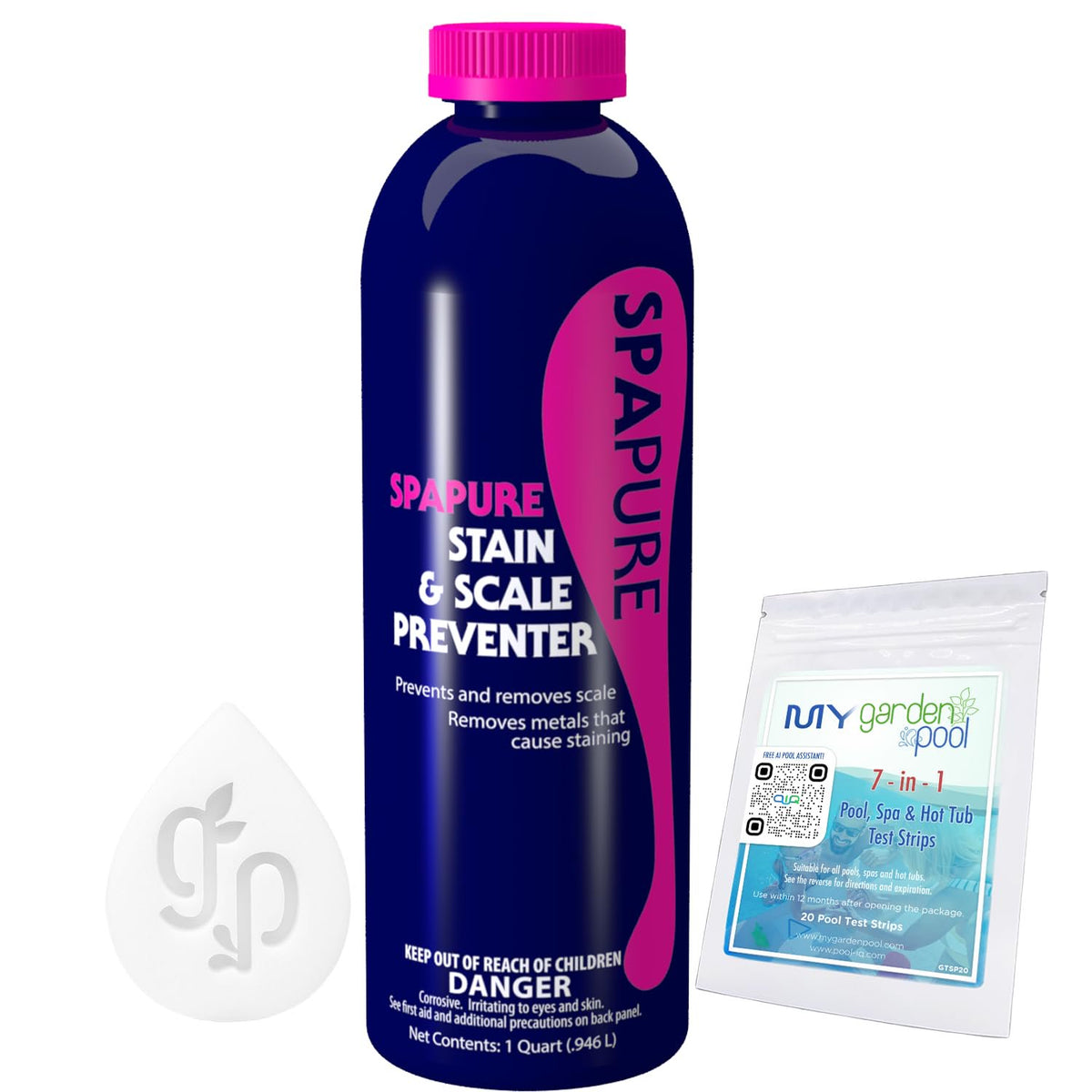 SpaPure Stain & Scale Preventer 1 QT– Includes My Garden Pool 20 Ct. Test Strips & Scum Sponge – Prevents Stains & Scale