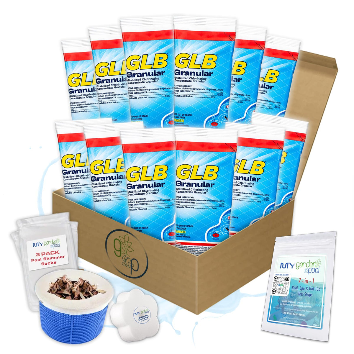 GLB Granular Chlorine 71001A 12 LBS (1 LBS x 12) with My Garden Pool Skimmer Sock and 7-in-1 Test Strips, 20 ct. – Powerful Chlorine Tablets for Clear Swimming