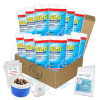 GLB Granular Chlorine 71001A 12 LBS (1 LBS x 12) with My Garden Pool Skimmer Sock and 7-in-1 Test Strips, 20 ct. – Powerful Chlorine Tablets for Clear Swimming