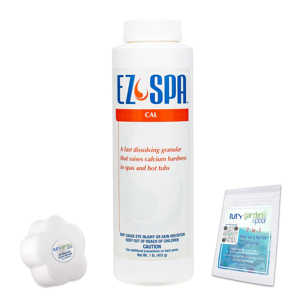 API EZ Spa Cal, 1 lb - EZSC1 with My Garden Pool 20 Ct. Test Strips & Scum Sponge Oil-Absorbing Sponge for Hot Tubs and Pools & Pool-IQ, Smart Pool AI Assistant!