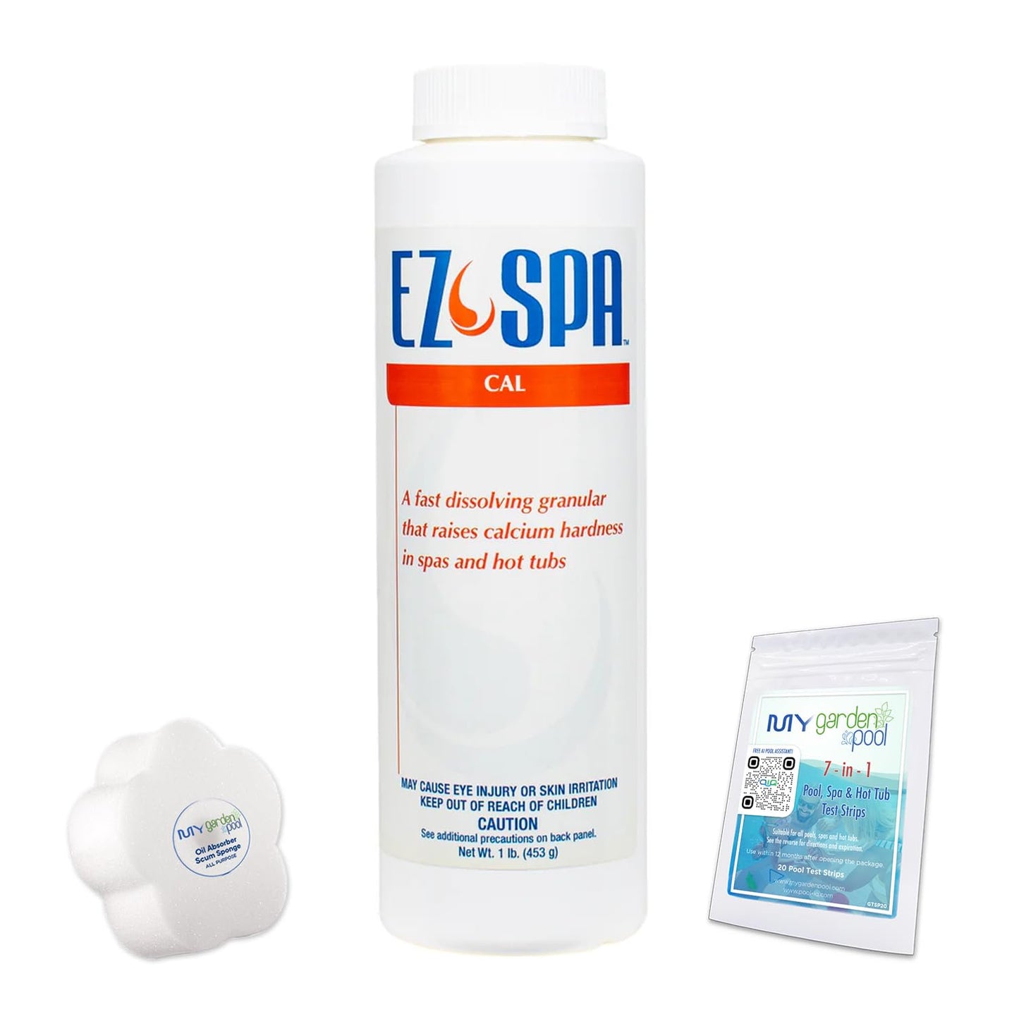 API EZ Spa Cal, 1 lb - EZSC1 with My Garden Pool 20 Ct. Test Strips & Scum Sponge Oil-Absorbing Sponge for Hot Tubs and Pools & Pool-IQ, Smart Pool AI Assistant!