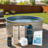 SRN Cold Plunge Kit – Sanitizer, Oxidizer, Spa Up, Spa Down – with My Garden Pool Scum Sponge & 7-in-1 Pool & Spa Test Strips (20 ct) – pH Balance & Maintenance Set for Ice Baths & Plunge Tubs